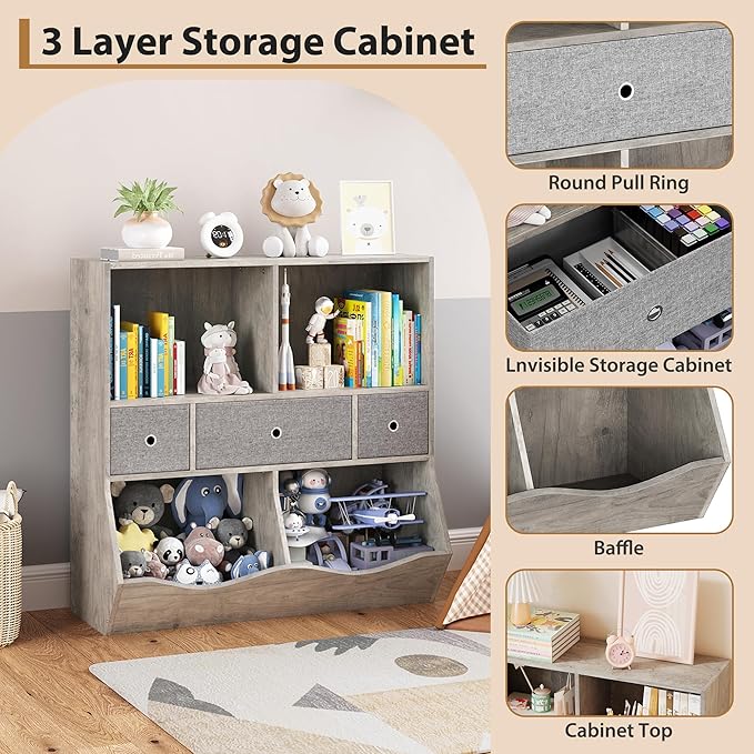 IDEALHOUSE 7-Cubby Large Kids Toy Storage Organizer, Children Wood Bookcase and Bookshelf, 3-Tier Toy Storage Cabinet with 3 Drawers for Hallway, Playroom, Living Room, School, 2 Set Gray