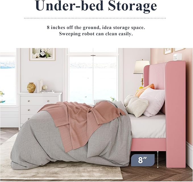 Allewie Full Size Velvet Bed Frame/Vertical Channel Tufted Wingback Headboard/Upholstered Platform Bed/Strong Wooden Slats/No Box Spring Needed/Easy Assembly/Pink