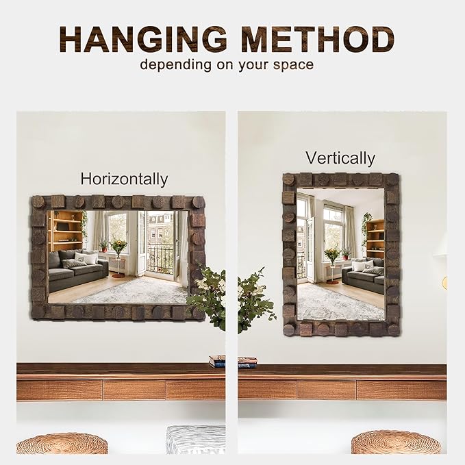 28x20 Inch Handcrafted Solid Wood Square Wall Mirror with Geometric Wood Inlay Design, Rustic Natural Texture for Bathroom, Bedroom, Living Room Decor