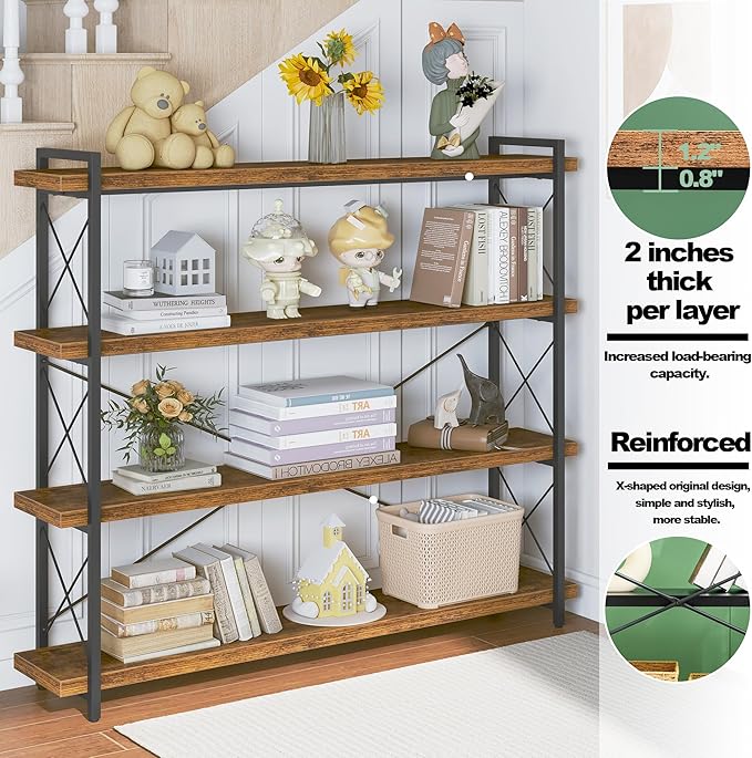 HCHQHS Large Bookshelf, 4-Tier Long Industrial Bookcase, Rustic Brown Book Shelf, Freestanding Horizontal Bookshelves with Metal Frame