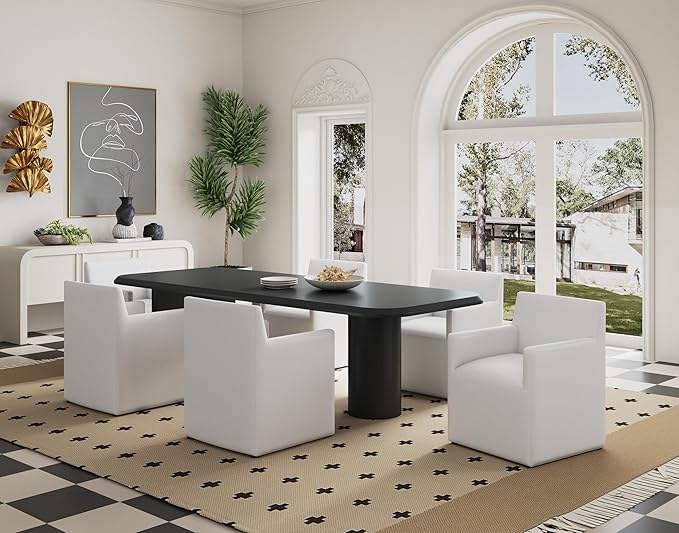 Manhattan Comfort Anna Square Modern Dining Chair with Arms, Head-to-Toe Faux Leather Upholstered Accent Armchair with Plastic Foot Padding, Set of 2, Cream