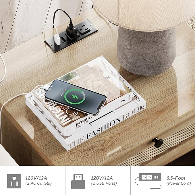 WAMPAT Set of 2 Rattan Night Stands Side Tables with Charging Station, Wood End Table for Living Room with Drawers & Shelf, Farmhouse Bedside Table Nightstand for Bedroom, Oak