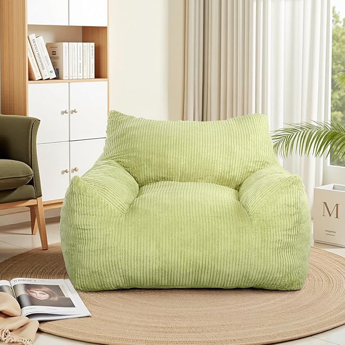 INMOZATA Bean Bag Chair for Adults, 3FT Beanbag Chair with Ottoman Pre-Filled Fluffy Lazy Chair Corded Fabric Accent Chair for Bedroom Living Room Dorm (Green)