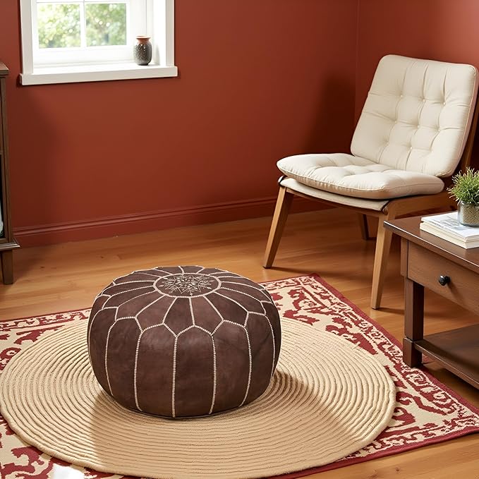 Stuffed Round Design Moroccan Leather Pouf Ottoman, Handmade, Pre-Filled, 100% Genuine Leather, 13” Height x 20” Diameter, Footstool & Living Room Décor (Brown)
