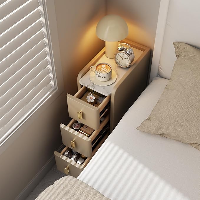 Narrow Nightstand with Drawers, Narrow Side Table Leather, Small Bedside Tables for Bedroom. (Beige)