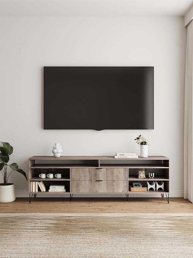 Manhattan Comfort Dumbo Mid Century Modern TV Stand for Televisions up to 80 Inches, Home Entertainment Center with Storage, 6 Shelves, 2 Drawers, No Tool Assembly, 85" Wide, Golden Brown