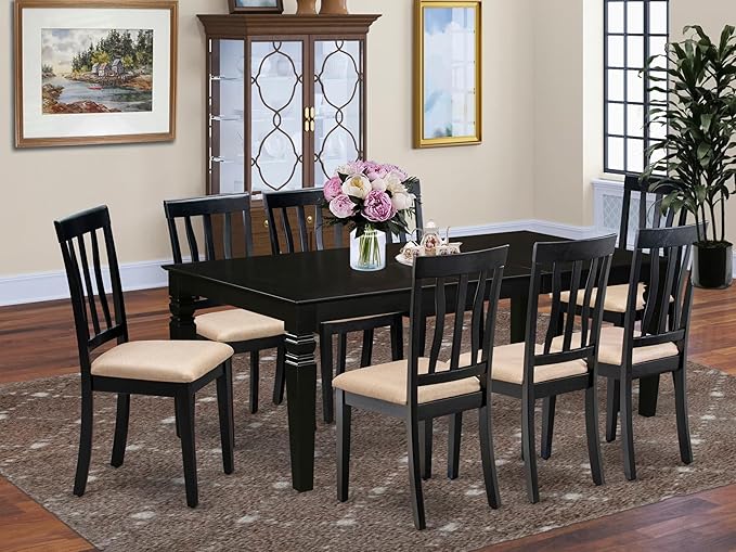 East West Furniture LGAN9-BLK-C 9 Piece Dining Room Table Set Includes a Rectangle Kitchen Table with Butterfly Leaf and 8 Linen Fabric Upholstered Dining Chairs, 42x84 Inch, Black