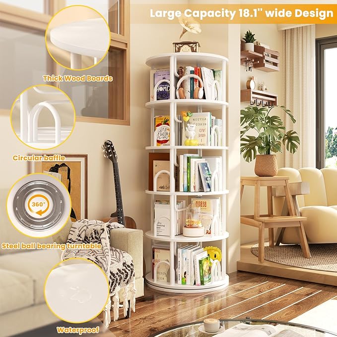 Aheaplus 5 Tier Rotating Bookshelf Tower, 360 Display Spinning Bookcase, Revolving Round Book Shelf Narrow Swivel Bookshelf, Vertical Turning Spiral Corner Book Organizer for Small Space, White