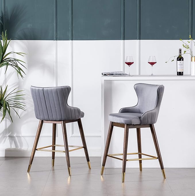 Roundhill Furniture Leland Fabric Upholstered Counter Height Wingback Stools, Set of 2, Gray
