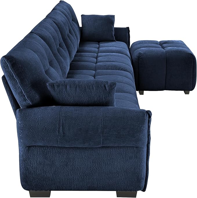 Modern Chenille Fabric 4-Seat Sofa w/Ottoman+2 Pillows, Premium Upholstery Living Room Couch with Tufted Backrest & Comfortable Armrests and High-Resilience Memory Foam Cushions,Blue