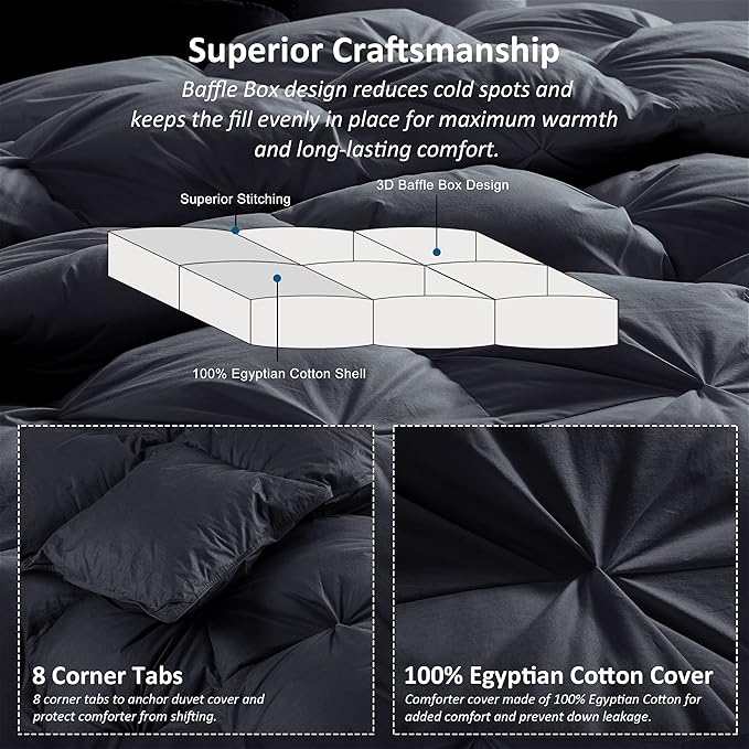 Luxurious Goose Down Feather Fiber Comforter Duvet Insert, Exquisite Pinch Pleat Black Design, Oversize Palatial King 120 x 98, Premium Baffle Box 100% Egyptian Cotton, 90 oz Fill Weight