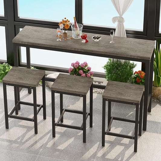 KEIKI 60.24” Long Bar High Top Dining Table and 3 Stools Chairs Set, Wood Behind Couch Sofa Counter Height Pub Furniture for Breakfast, Kitchen Living Party Room, Brown Grey