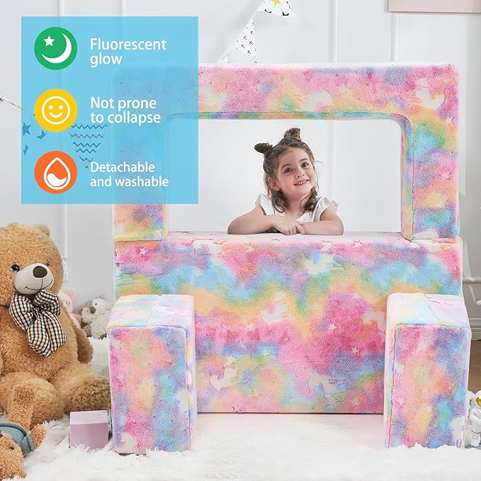 Modular Kids Couch, Glow in The Dark Sofa 3 in 1 Fold Out Kids Sofa with Washable and Durable Covers for Boys, Rainbow Unicorn