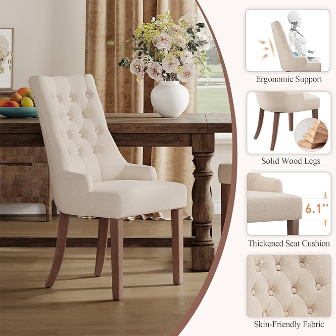 COLAMY Fabric Side Dining Chairs Set of 6, Wingback Upholstered Dining Room Chairs with Tufted Button, Living Room Chairs for Home Kitchen, Beige