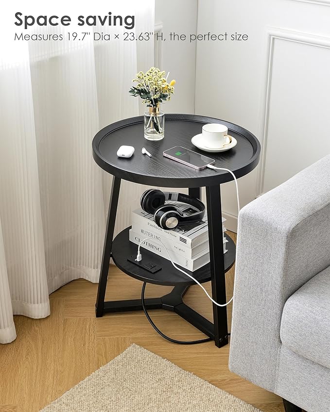 Round End Table with Charging Station, 19.7" Dia x 23.63" H, Side Table with Storage Shelf, Accent Table, for Living Room, Bedroom, Small Spaces, Metal Frame, Industrial Style (Black)