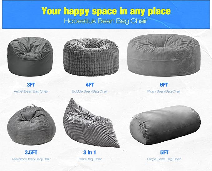 Hobestluk 5FT Bean Bag Chair Large Beanbag Lounger with Removable Cover Adult Bean Bag Chair with Portable Handle Desgin for Living Room Bedroom (Grey, 5FT)
