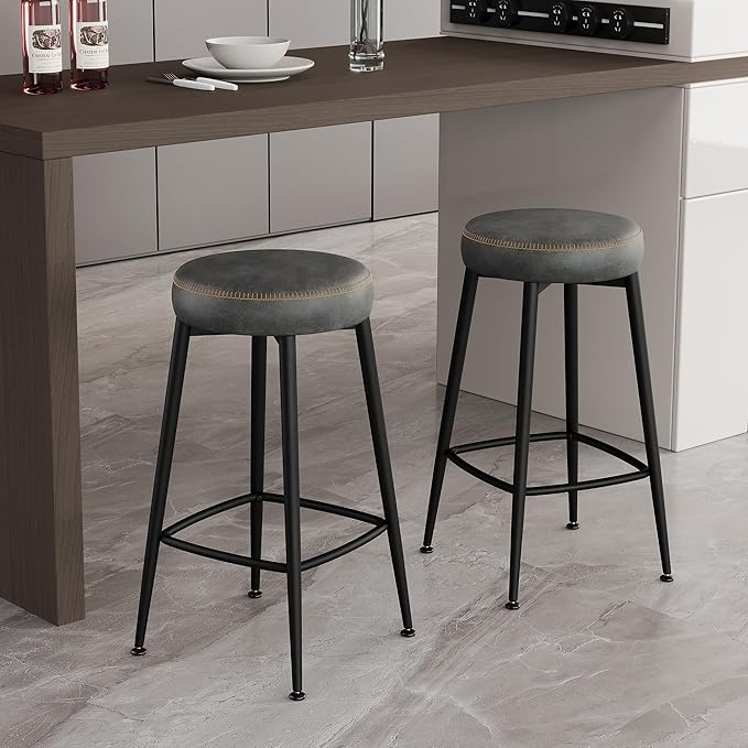Counter Height Bar Stools, 26" H Backless Bar Stools Set of 2, Upholstered Faux Leather Kitchen Counter Stools, Mid Century Modern, Kitchen Island Home Bar, Pub, Black Grey