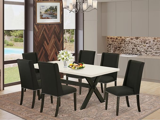 East West Furniture X627FL624-7 7 Piece Modern Dining Table Set Consist of a Rectangle Wooden Table with X-Legs and 6 Black Linen Fabric Upholstered Chairs, 40x72 Inch, Multi-Color