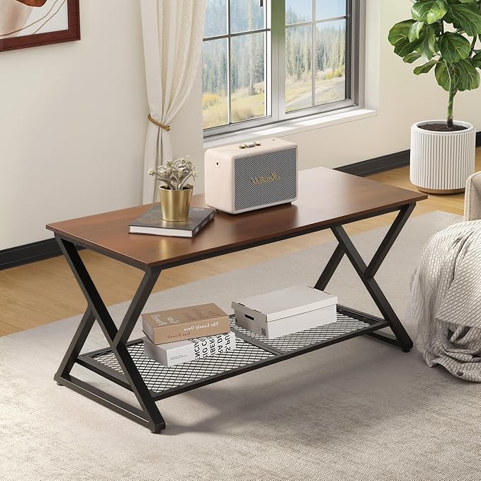 SENIG Coffee Table with Storage Shelf, Industrial Metal Wood Living Room Tables, Rectangle Center Table 39 Inch, Vintage Simple 2 Tier Cocktail Table, Brown