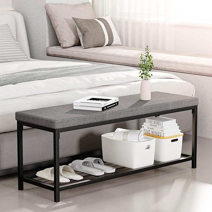 Shoe Bench, Entryway Bench with Cushion Seat, Shoe Rack Bench with Storage, Modern Style, Holds Up to 350 lb, for Living Room, Bedroom, Hallway, Grey