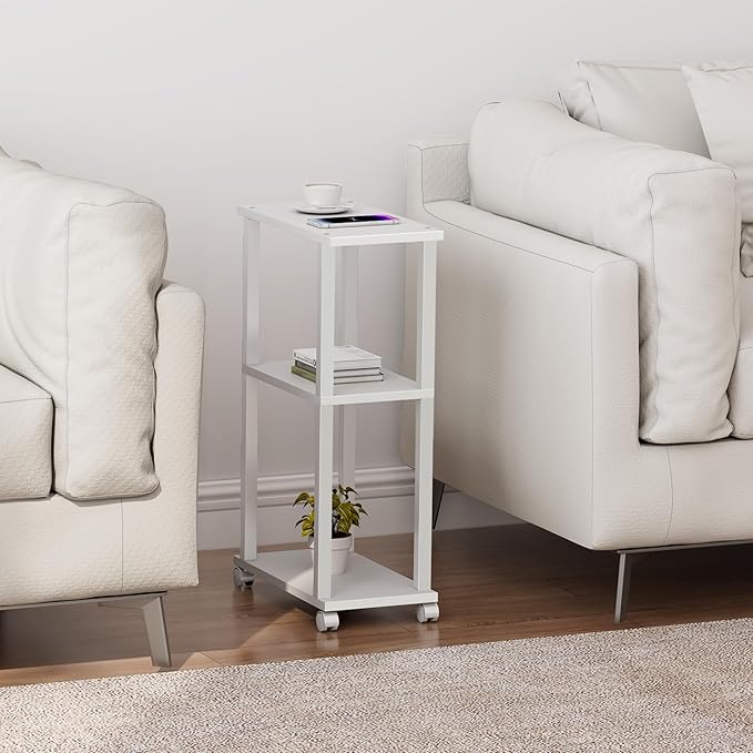 TUTOTAK Small Side Table, Narrow End Table, Bedside Table, Couch Side Table with Wheels for Living Room or Bedroom, White TB01BW061