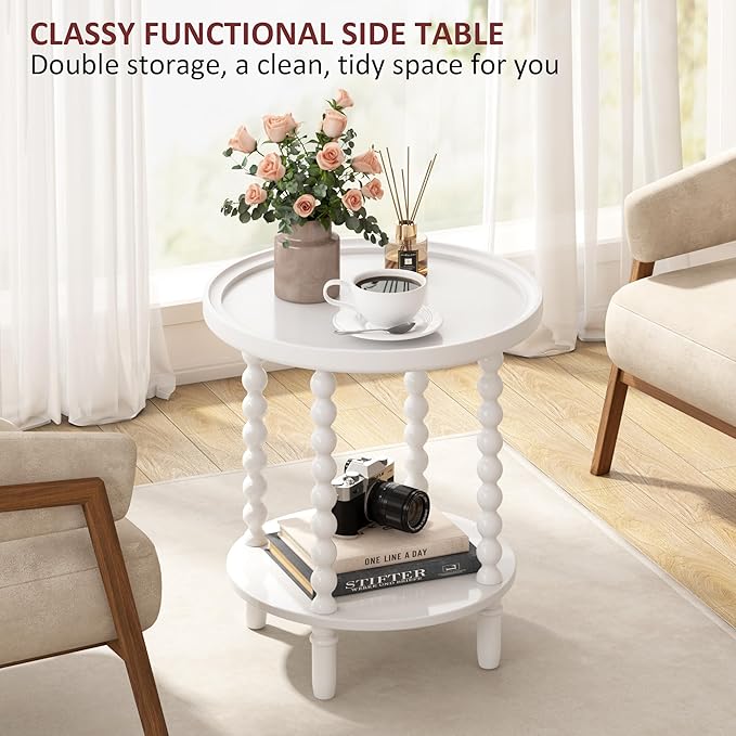 Gadroad Round End Table with Storage Shelf, 2 Tier Couch Side Table, Wood Coffee Table for Living Room, Bedroom, White 19.3 * 19.3 * 25.6 inches