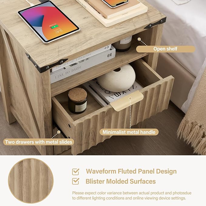 Fluted Nightstand with Charging Station - 20 Inch Wide Farmhouse Bedside Table with 2 Drawers, Modern Wood End Side Table for Bedroom Study Storage Home (Sunwashed Ash Oak)