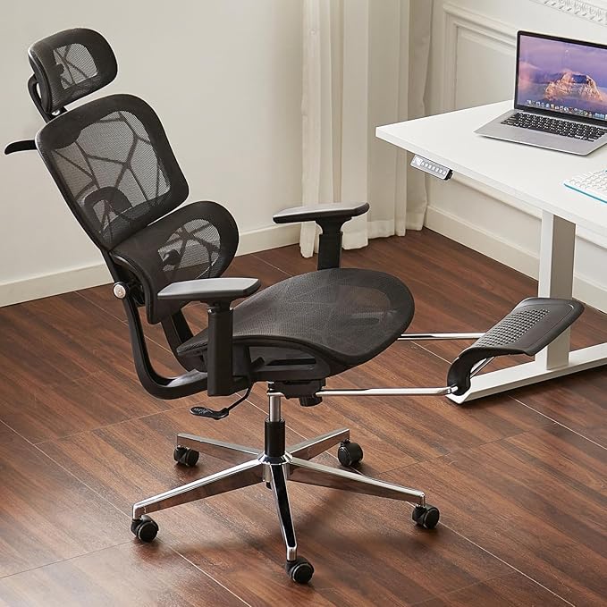 Ergonomic Mesh Office & Gaming Chair with Footrest, High Back Home Office Desk Chair, Comfortable Lumbar Support, 130° Tilt, Adjustable 3D Armrest & 2D Headrest (Black)