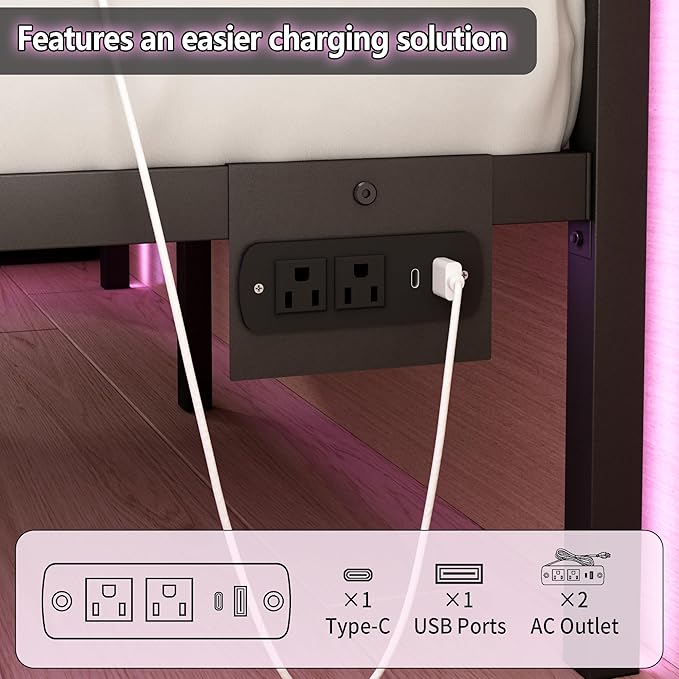 Twin Bed Frame with Headboard,Heavy Duty LED Bed Frame with USB Charging Station,Mattress Foundation-Under Bed Storage, No Box Spring Needed, Noise Free,Brown