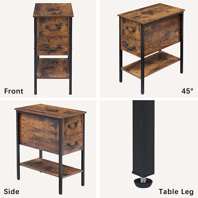 VECELO End Tables,Narrow Nightstand with Drawers and Storage Shelf,Modern Night Stand for Small Spaces, Living Room,Bedroom