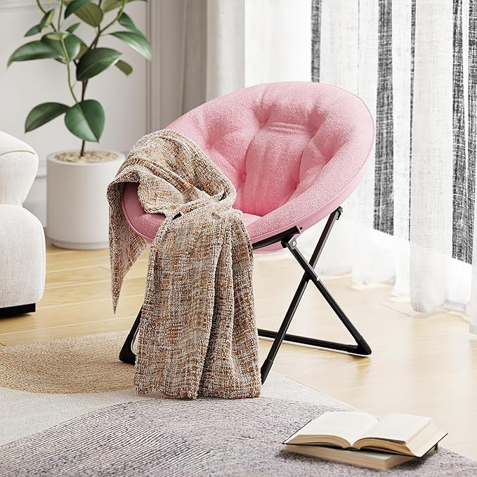 Saucer Chair, XL Foldable Lounge Chair for Bedroom/Dorm, Plush Comfy Seat with Non-Slip Base for Teens & Adults, Faux Fur Accent Chair, Pink