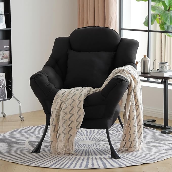 Lazy Chair with Pillow for Living Room, Modern Lounge Accent Chair with Armrests, Leisure Sofa Chair Set, Reading Chair for, Bedroom, Dorm Room, Office, Black