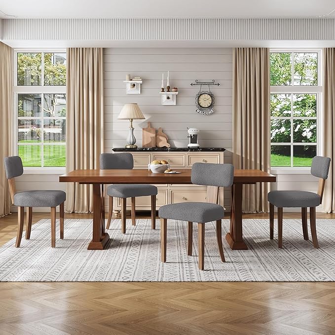 Farmhouse Chair Set of 4, Mid Century Modern Dining Chairs, Sherpa Upholstered Kitchen Chairs with Curved Backrest & Adjustable Legs for Living Room/Bedroom, Easy to Install, Grey Sherpa