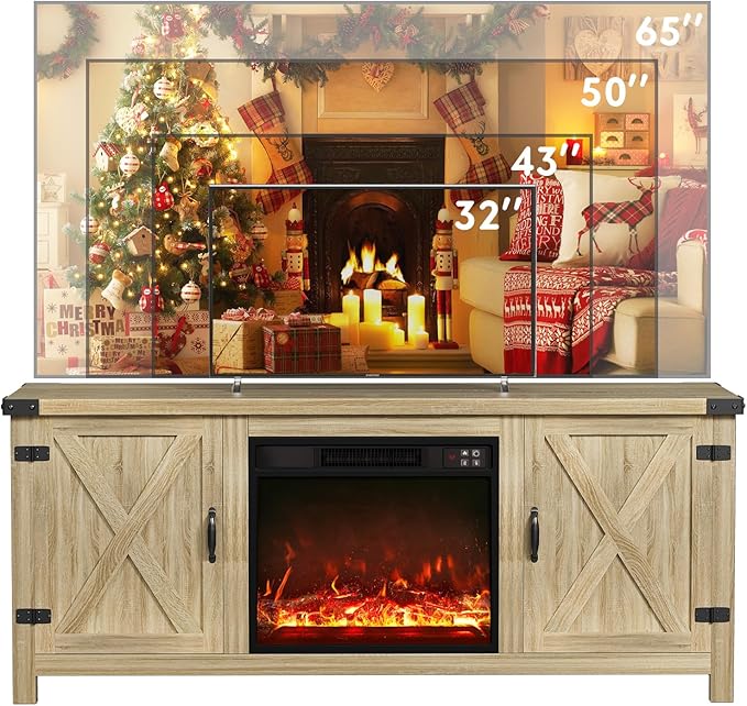 YESHOMY Fireplace TV Stand with Two Barn Doors and Storage Cabinets for Televisions up to 65+ Inch, Entertainment Center Console Table, Media Furniture for Living Room, 58 Inch, Natural Oak