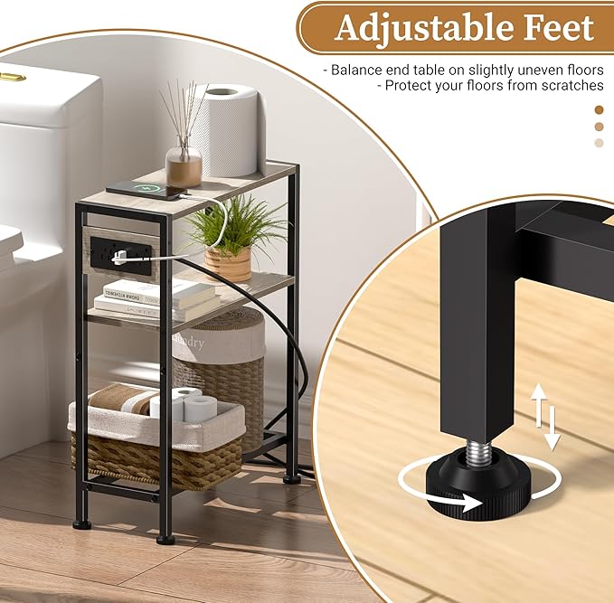 Small Narrow Side Table with Charging Station, Skinny End Table for Small Spaces, Slim Nightstand with Outlets, Sofa Bedside Table in Living Room, Bedroom, Kitchen and Balcony (Greige)