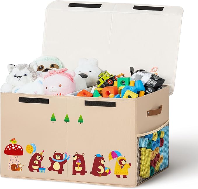 80L Large Toy Storage Box with Lid, Large Toy Box Chest for Kids, Girls and Boys, Nursery Room and Living Room, 26"x13" x16" (Dark Khaki-bear)