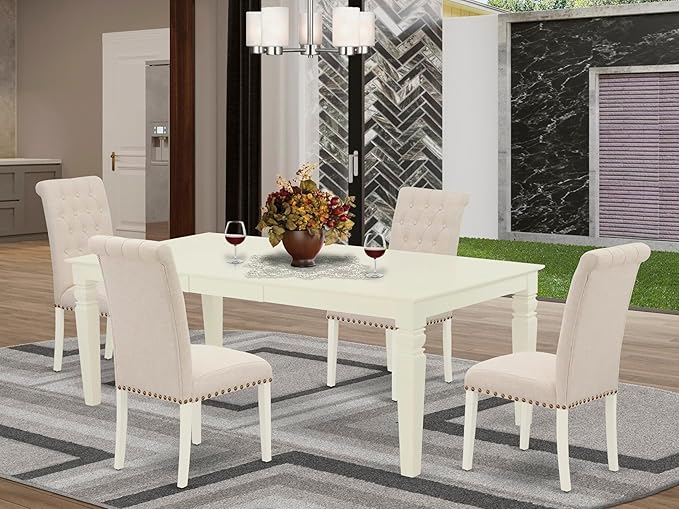 East West Furniture LGBR5-LWH-02 5 Piece Dining Room Table Set Includes a Rectangle Kitchen Table with Butterfly Leaf and 4 Light Beige Linen Fabric Parson Chairs, 42x84 Inch, Linen White