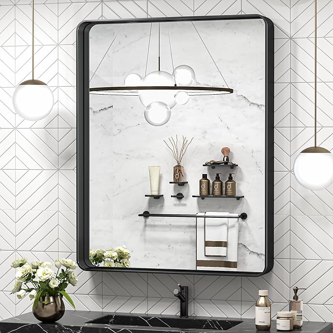TokeShimi 30 x 36 Inch Black Bathroom Mirror for Wall Vanity Mirror with Non-Rusting Aluminum Alloy Metal Frame Rounded Corner for Modern Farmhouse Home Decor (Horizontal/Vertical)