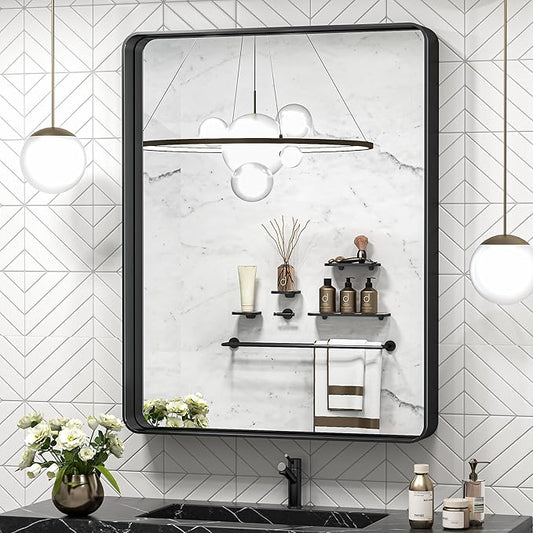 TokeShimi 30 x 36 Inch Black Bathroom Mirror for Wall Vanity Mirror with Non-Rusting Aluminum Alloy Metal Frame Rounded Corner for Modern Farmhouse Home Decor (Horizontal/Vertical)