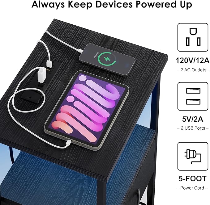 Fixwal Night Stand with Charging Station, LED Nightstand Side Table with Fabric Drawers PU Finish, End Tables Bedroom, Bedside Table, Black