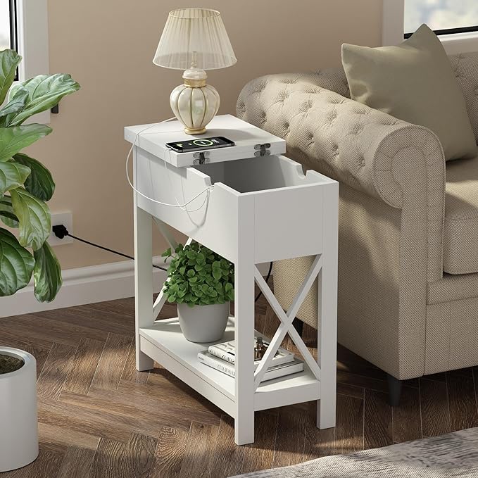 ChooChoo End Table with Charging Station, Narrow Flip Top Side Table with USB Ports & Power Outlets for Small Spaces, Nightstand Sofa Table for Living Room, Bedroom, White, 2 Pack