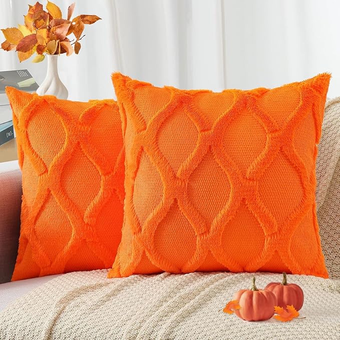 decorUhome Fall Throw Pillow Covers 18x18 Inch Set of 2, Soft Plush Faux Fur Wool Orange Couch Pillow Covers, Decorative Neutral Pillow Cases for Bed Sofa Living Room Home Decor