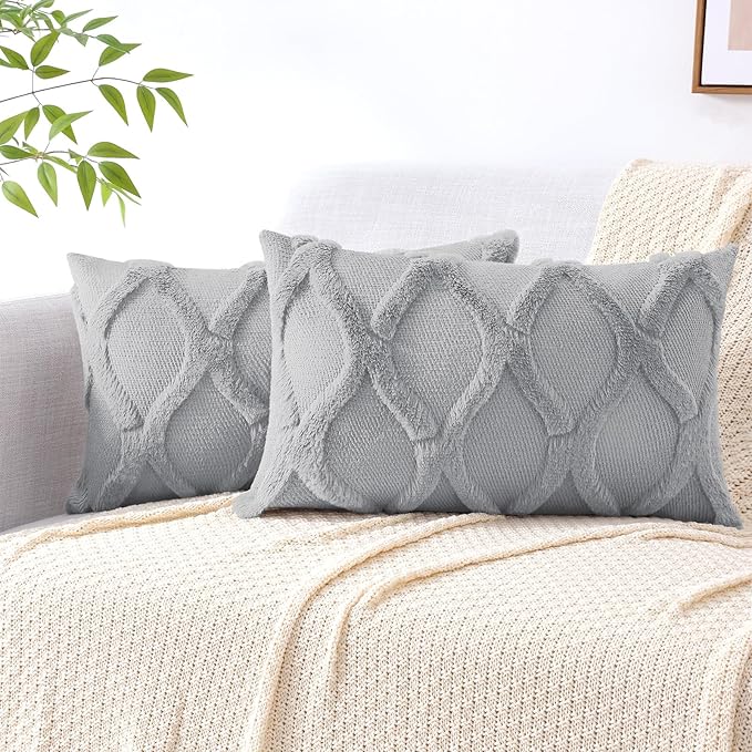 decorUhome Throw Pillow Covers 12x20 Inch Set of 2, Soft Plush Faux Fur Wool Lumbar Grey Couch Pillow Covers, Decorative Neutral Pillow Cases for Bed Sofa Living Room Home Decor