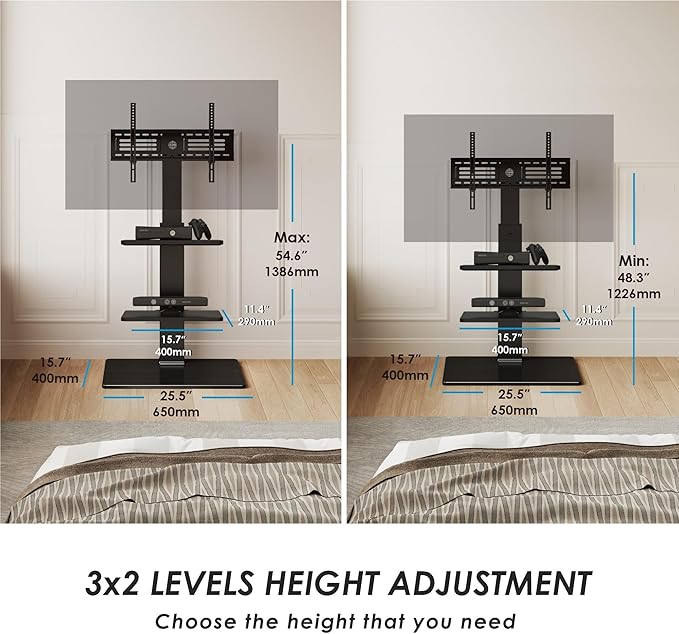 FITUEYES Swivel Floor TV Stand with Mount for TVs 37 43 50 55 60 65 70 75 Inch LCD LED Flat/Curved Screens Universal Swivel Televisions TV Mount Stand for Bedroom Living Room Black Tempered Glass Base