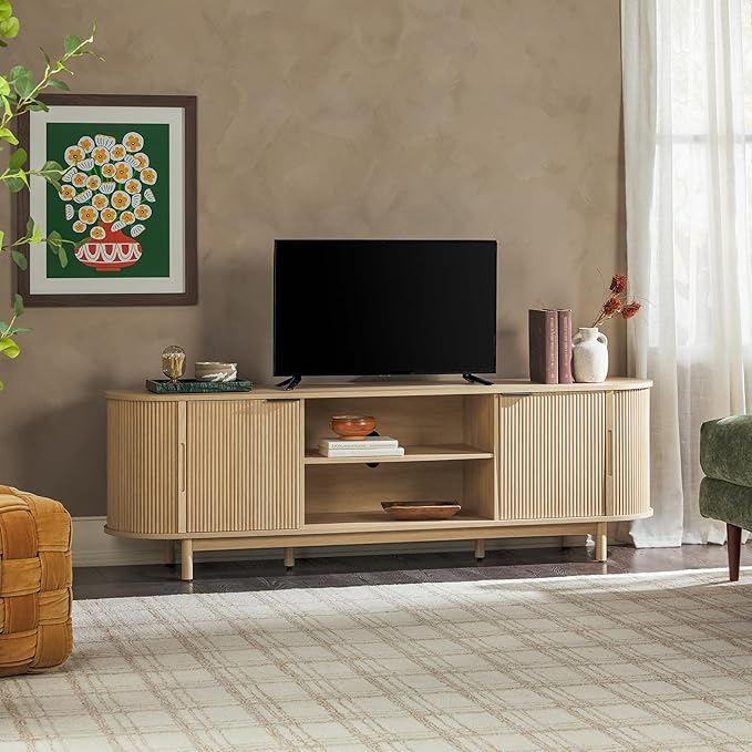 Walker Edison Modern Curved Reeded TV Stand for TVs up to 70 Inches, Credenza with Sliding Doors and Adjustable Shelves, TV Stand with Cord Management Cutout, 70 Inch, Coastal Oak