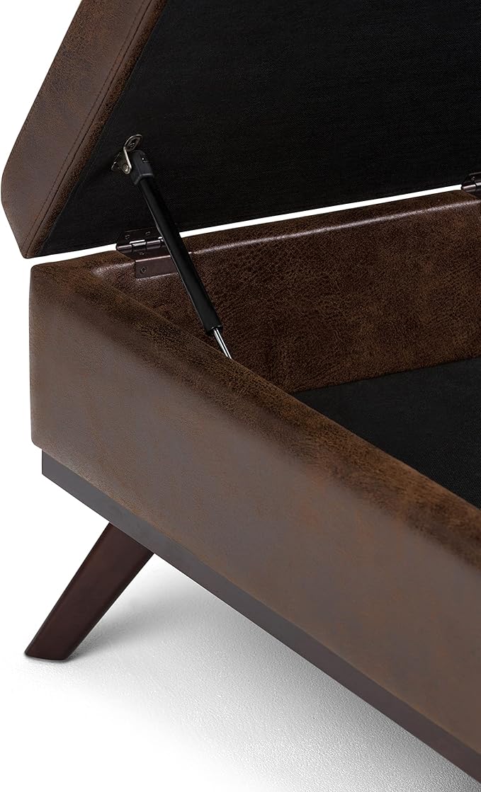 SIMPLIHOME Owen 36 inch Wide Mid Century Modern Square Coffee Table Storage Ottoman in Distressed Chestnut Brown Vegan Faux Leather, Assembled, for the Living Room, Entryway and Family Room