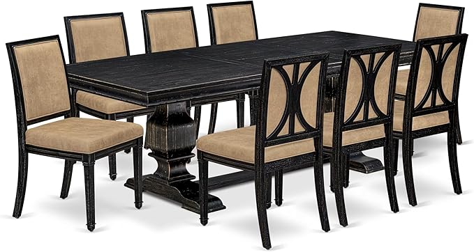 LKAM9-SBB-28 9-Piece Kitchen Table Set Consists of a Dining Table and 8 Beige Polyester Fabric Dining Chairs with High Back - Sand Blasting Black Finish