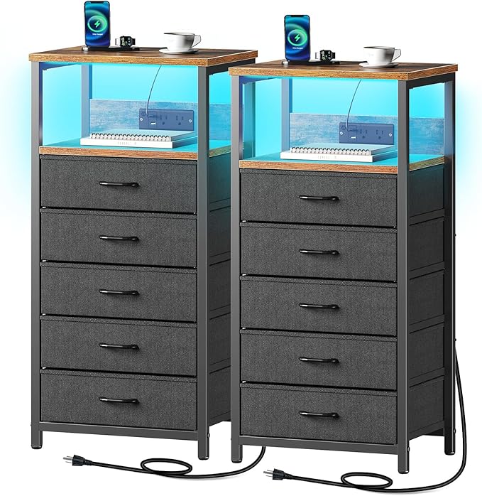 Seventable Night Stand with Charging Station, Tall Nightstand with 5 Fabric Storage Drawers, Side Table with LED Light for Bedroom, Entryway, Rustic Brown, Set of 2