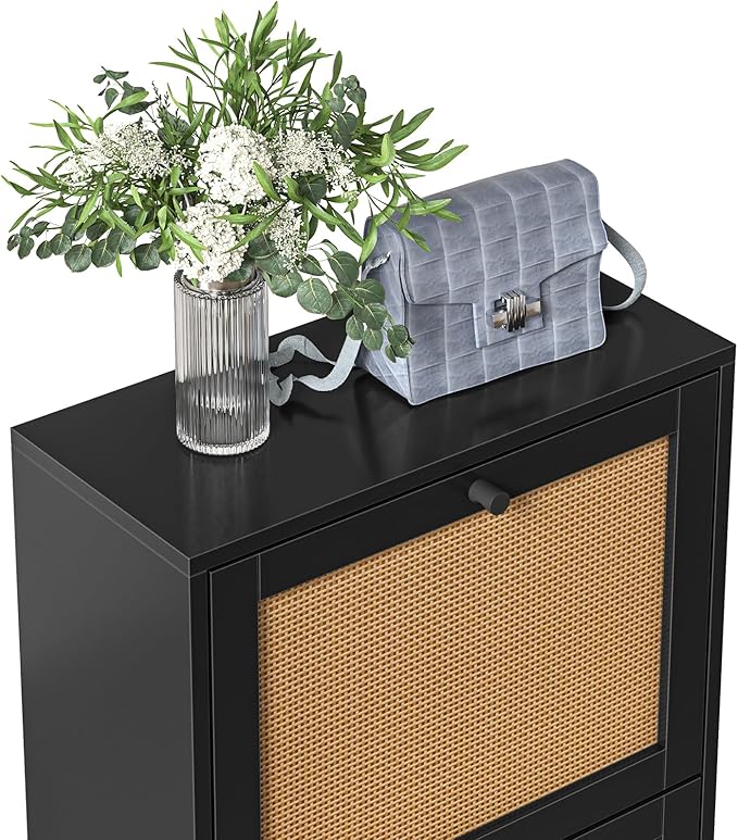 Rattan Shoe Cabinet for Entryway Slim, Entrance Shoe Cabinet with Flip Drawers Narrow, 2 Tier Hidden Shoe Organizer for Foyer, Dorm, Small Space, Black