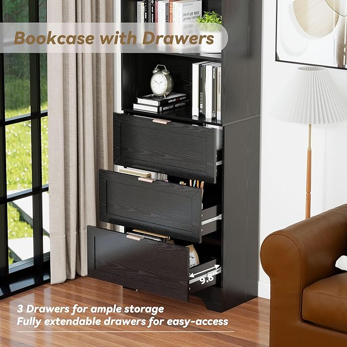 Modern Black Bookshelves and Bookcases with Drawers, 6 Tier Tall Bookshelf with Drawers, Industrial Wood Bookcase, Floor Standing Display Case with Storage,Living Room,Office